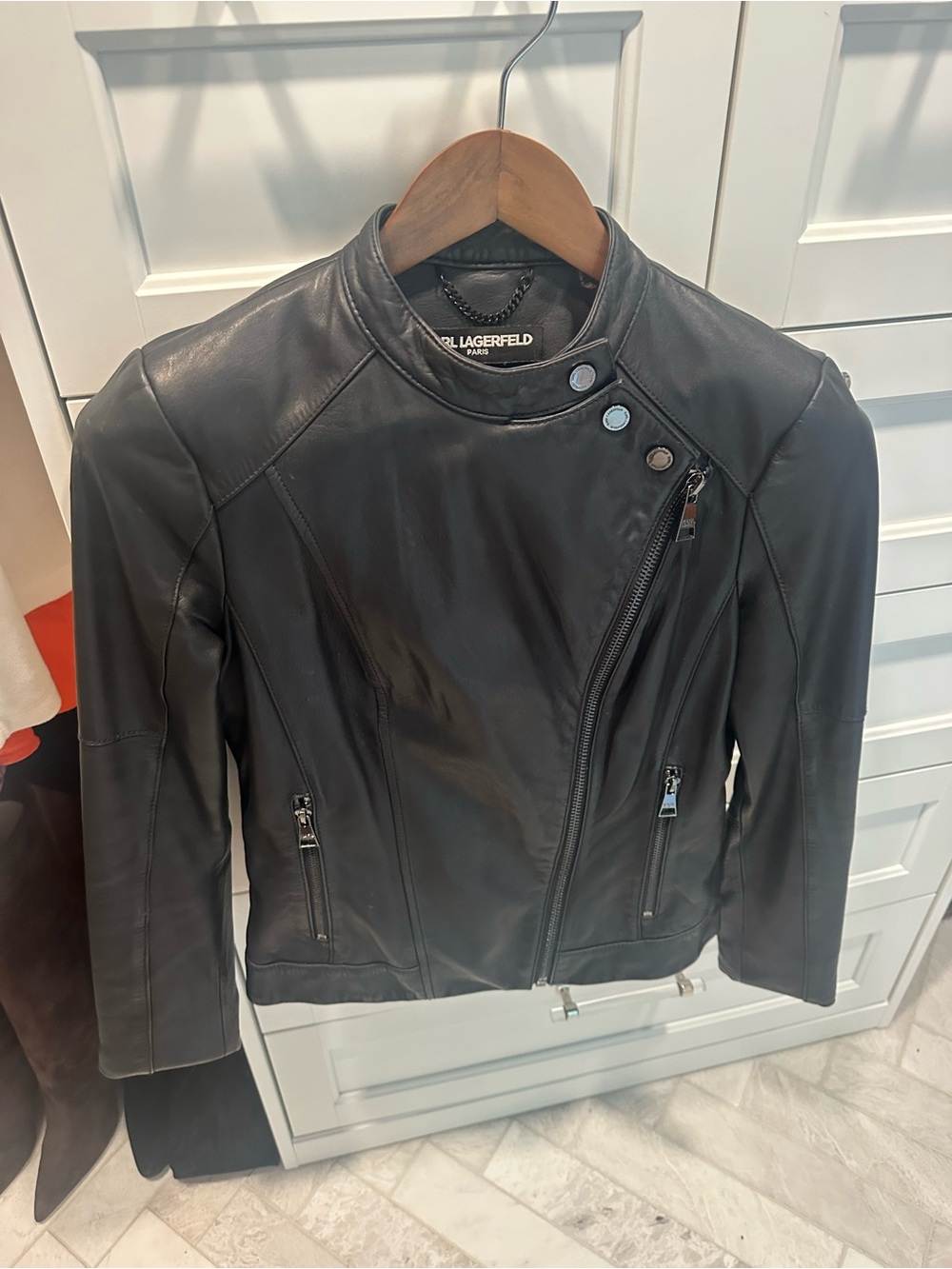 Karl Lagerfeld Black Genuine Leather Asymmetrical Moto Jacket